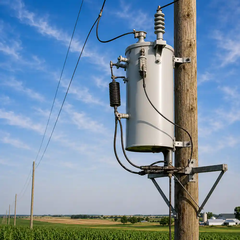 Single-phase pole mounted transformer supplying a rural agricultural network