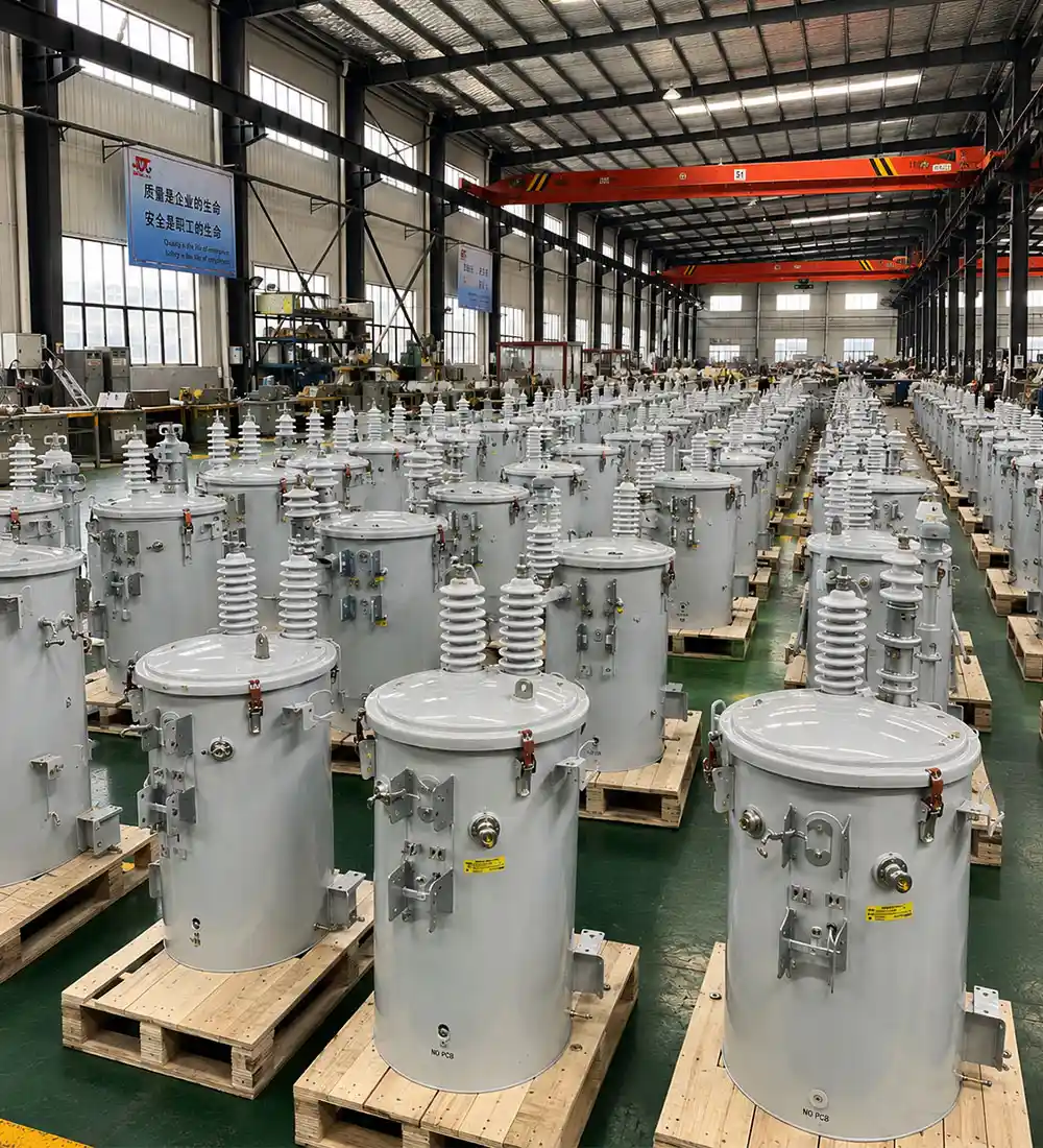 Pole mounted transformer undergoing factory quality inspection