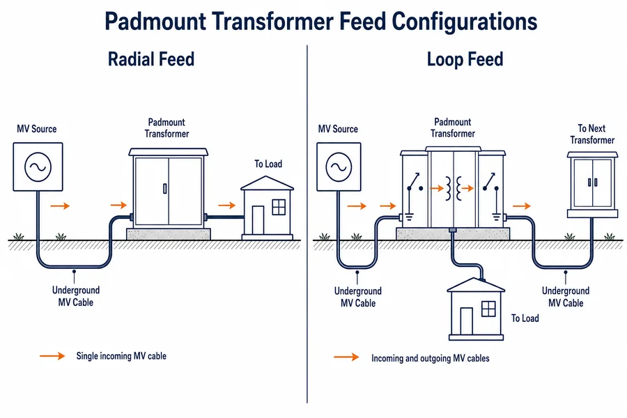 Radial feed vs loop feed padmount transformer