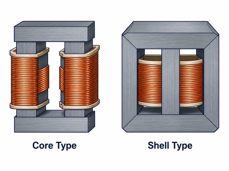 Core type and shell type transformer construction