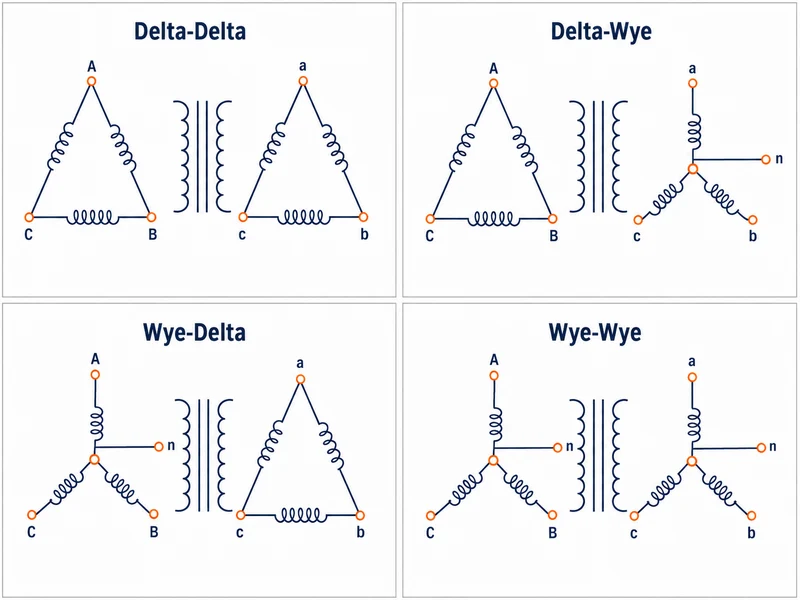 Delta and Wye three phase transformer connections