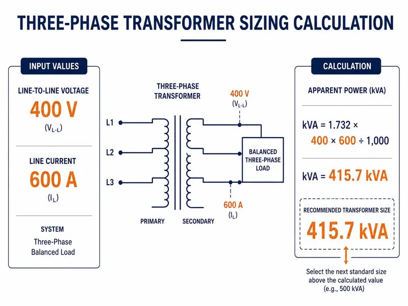 Three phase transformer kVA sizing calculation
