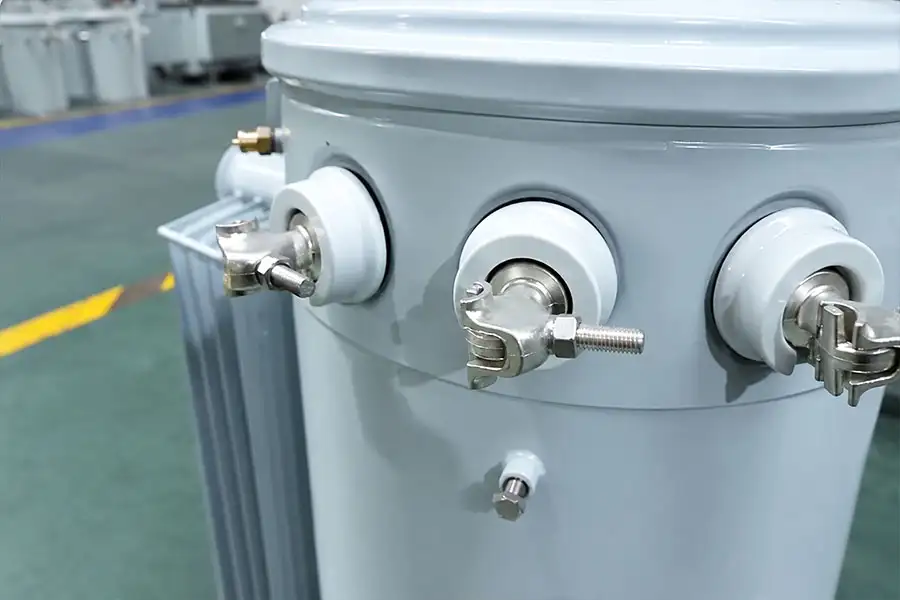 Close-up of transformer bushings and connections