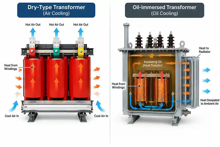 Cooling comparison between dry-type and oil-immersed transformers