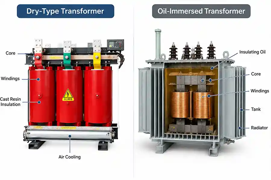 Main structural difference between dry-type and oil-immersed transformers