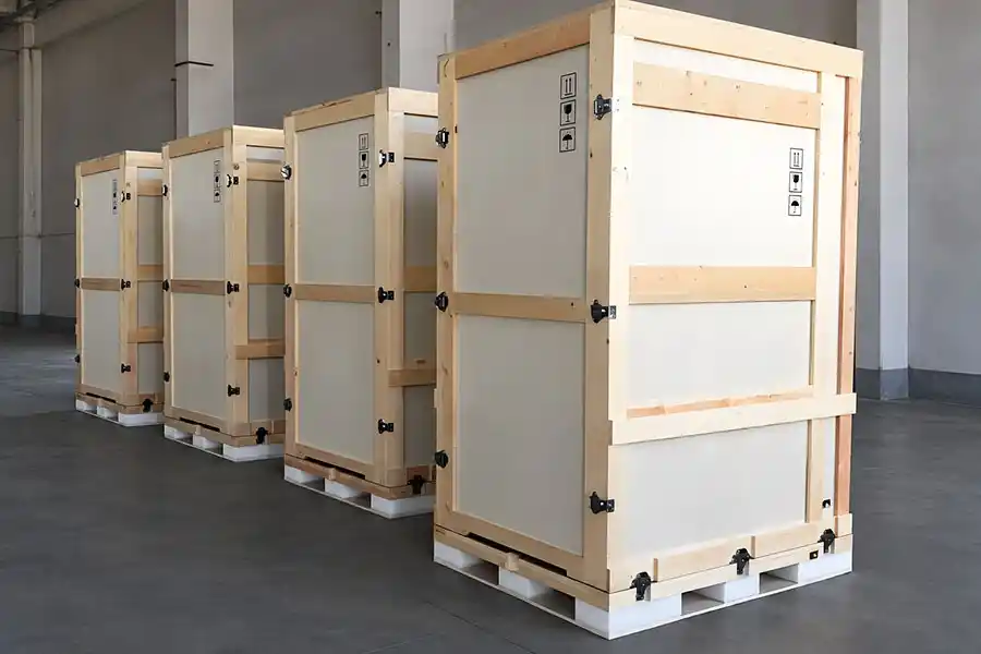 Pole-mounted transformer secured for export with protective packaging