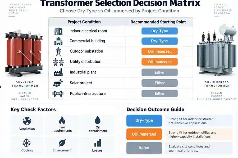 Transformer selection matrix for dry-type and oil-immersed transformers